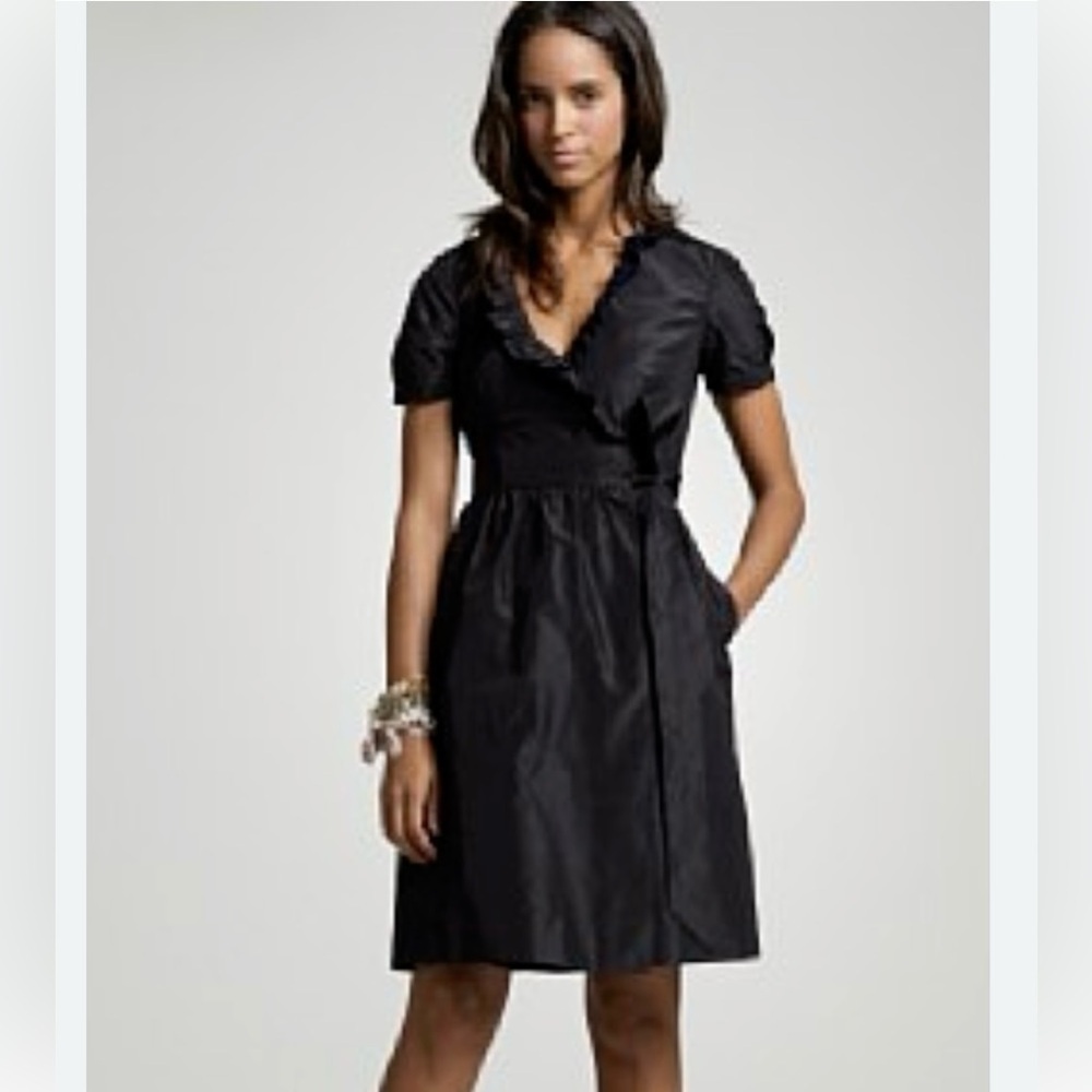 NWOT J. Crew Black 100% silk Midi wrap Dress with Ruffle Detail
